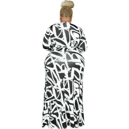 BFFBABY Sexy Wrap V Neck 3/4 Sleeve Chain Print Maxi Dress with Belt Size 5XL