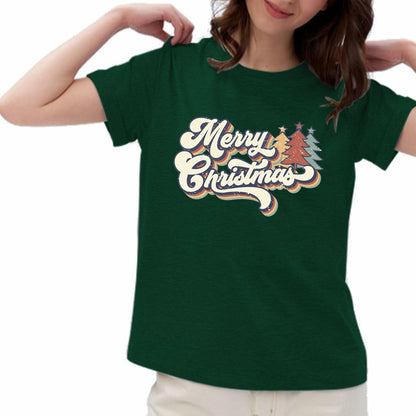 Vintage Merry Christmas Shirt Women Holiday Xmas Tee Tops Green Size S