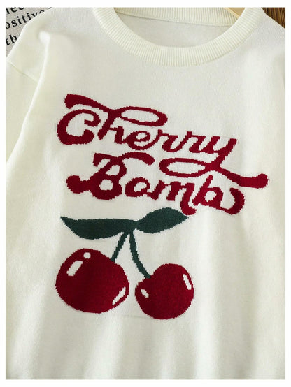 BEAUDRM Girl's Cherry Knit Sweater Long Sleeve Crewneck Apricot Size 11Y