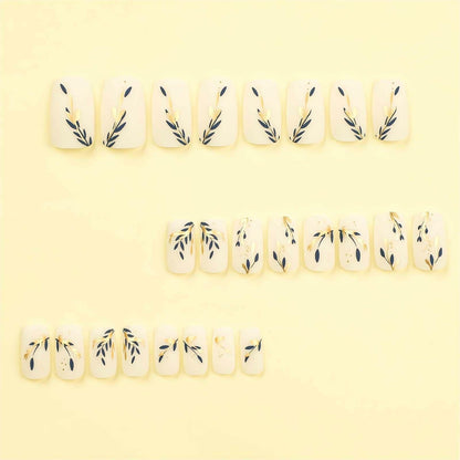 RUOKEXIN Acrylic Coffin Nails 24Pcs Red Blue Flower Gold Rhinestones Glossy