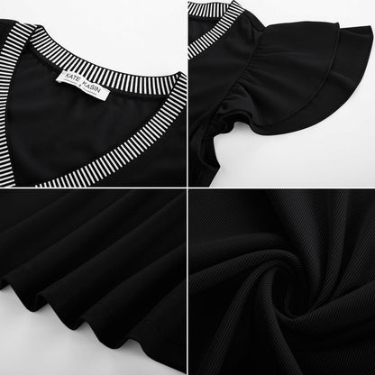 Womens Ruffle Sleeve V Neck Fitted Blouse Top Black Size 2XL