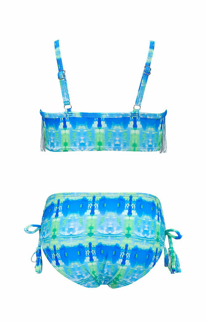 SHEKINI Girls Tie Side Sports Tassel Bikini Set Printed Blue Green Size 10 Years