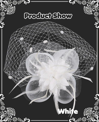 Kidukso Fascinators Hat Vintage 1925s Derby Mesh Veil Feathers White