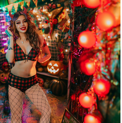 Voiiake Red Devil Horns Headband & Fishnet Thigh High Stockings Set