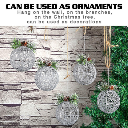 Christmas Ball Ornaments 4pc Silver Pinecone Rattan Thread String Decor