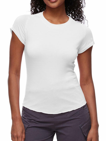 Women's Casual Crop Top T Shirt White Size L Summer Short Sleeve Crewneck
