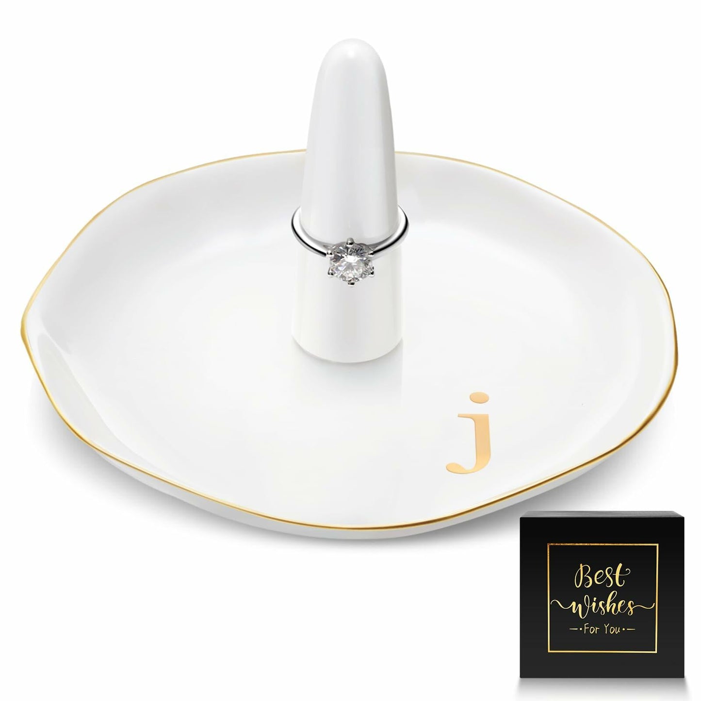 Beeveer Ceramic A-Z Initials Ring Holder Jewelry Tray 4.5x2.4'' White