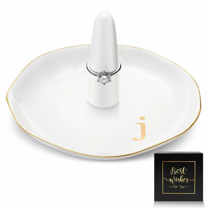 Beeveer Ceramic A-Z Initials Ring Holder Jewelry Tray 4.5x2.4'' White