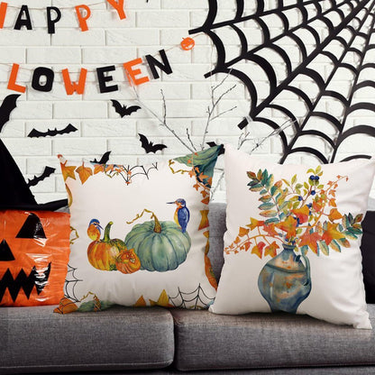Fall Pumpkin Maple Leaf Pillow Covers 18x18 Set of 4 Autumn Thanksgiving