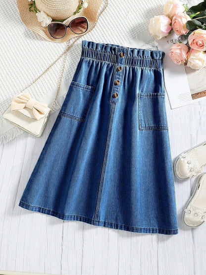 COZYEASE Girls Paperbag High Waist A Line Denim Skirt Dark Wash Size 11-12Y