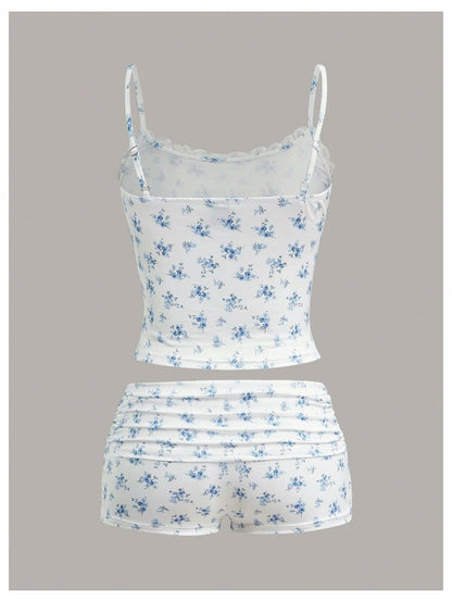 RoseSeek Women's Floral Print Ruched Lace Cami Crop Top & Shorts Set White Size