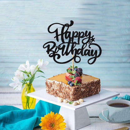 Crseniny Happy Birthday Cake Topper Black Glitter Party Decoration