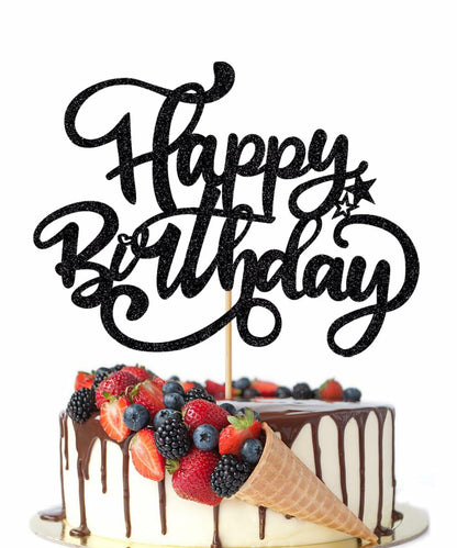 Crseniny Happy Birthday Cake Topper Black Glitter Party Decoration