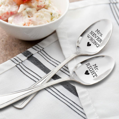 Mr Right & Mrs Never Wrong Stainless Steel Coffee Tea Spoons 7in Set