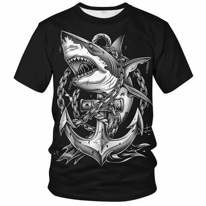 Faiwvhe Men's Creative Shark Graphic T-Shirt Black Summer Short Sleeves Size L