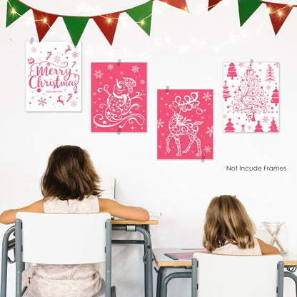 BESERH Pink Christmas Wall Decor Santa Reindeer Bells 8x10in Set of 4