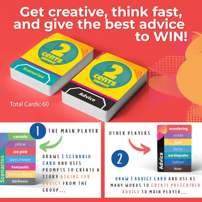 QUOKKA 2 Cents Game Night Story Card Improv Game 60 Cards 3-8 Players