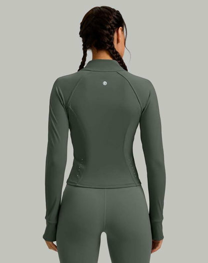 Womens Cropped Workout Jacket Slim Fit Full Zip Thumb Holes Pockets Sage Grey XL