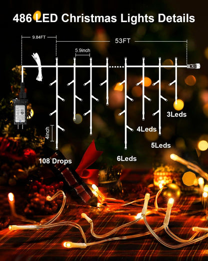 JIXXULVU 2 Pack 53FT 486 LED Outdoor Waterproof Timer Warm White