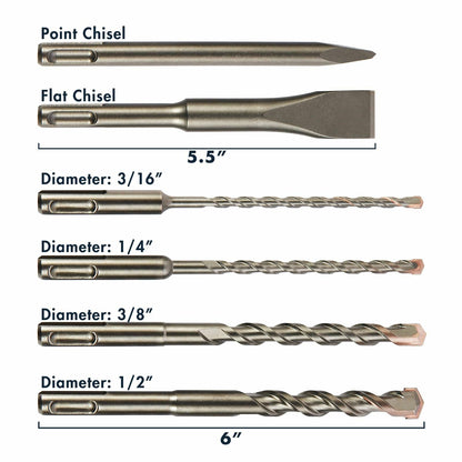 MACP 6-Piece SDS-Plus Masonry Drill Bit & Carbide Chisel Set 3/16"-1/2" 6"