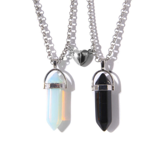 Caiyao 2Pcs Crystal Mutual Attraction Hexagonal Pendant Necklace Black Egg