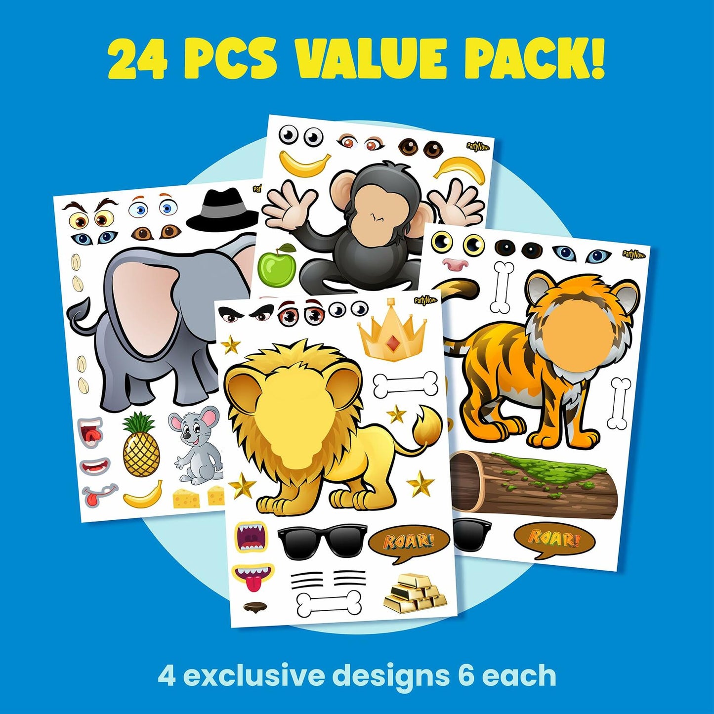 PartyNow Safari Animals Stickers 24-Pack Multicolor Waterproof Paper Kids