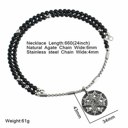 BLEUM CADE Black Agate Stone Necklace Double Pentagram Pendant