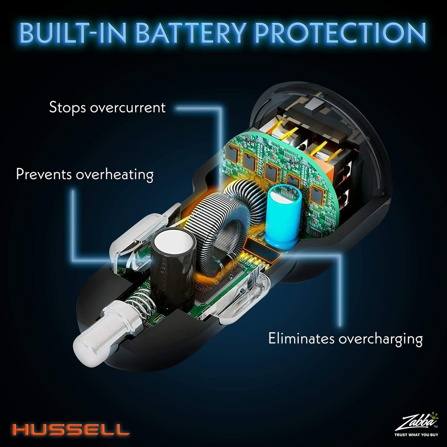 HUSSELL Car Charger Adapter 3.0 Fast Charge Dual USB Ports Black
