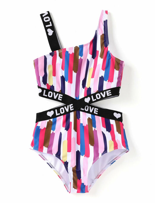 PATPAT Girls One Piece Swimsuit Monokini Colored Stripes Size 12-13 Years