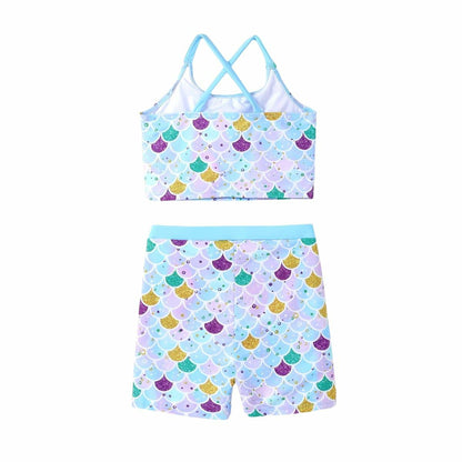 PATPAT Girls 2-Piece Tankini Swimsuit Set Sky Blue Fish Mermaid Size 10-11