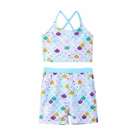 PATPAT Girls 2-Piece Tankini Swimsuit Set Sky Blue Fish Mermaid Size 10-11
