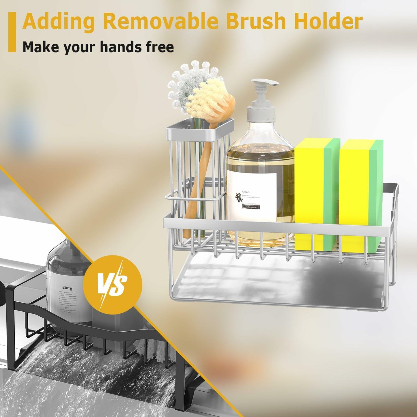 Vanwood Kitchen Sink Caddy Sponge & Brush Holder Stainless Steel Silver