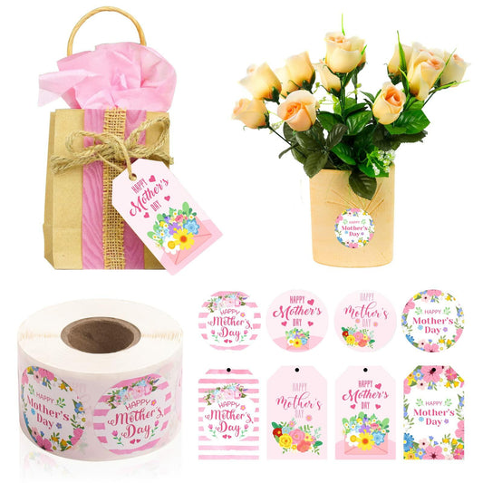 TREACLUB 600PCS Mother's Day Gift Tags & Stickers Pink Floral Labels