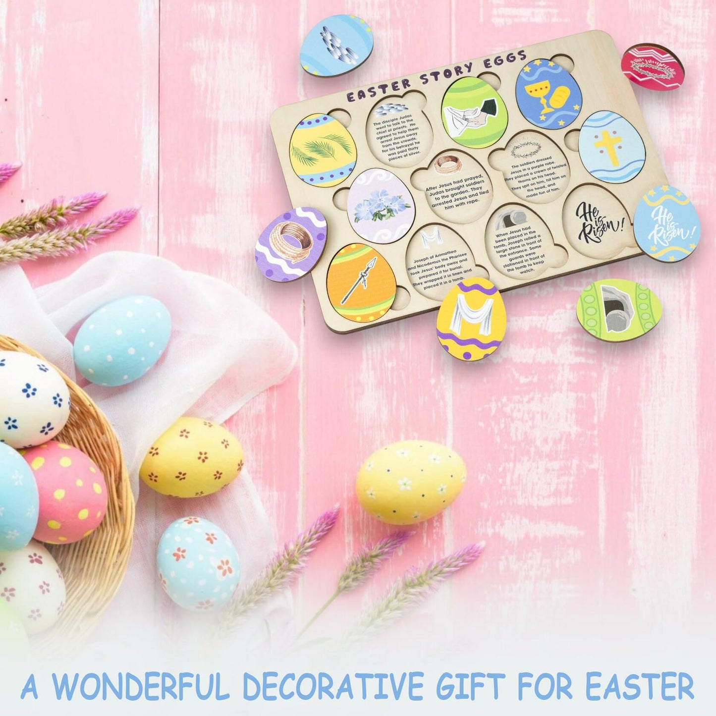 KATINAT Easter Story Wooden Eggs Set 12pcs Easter Story Puzzle Small