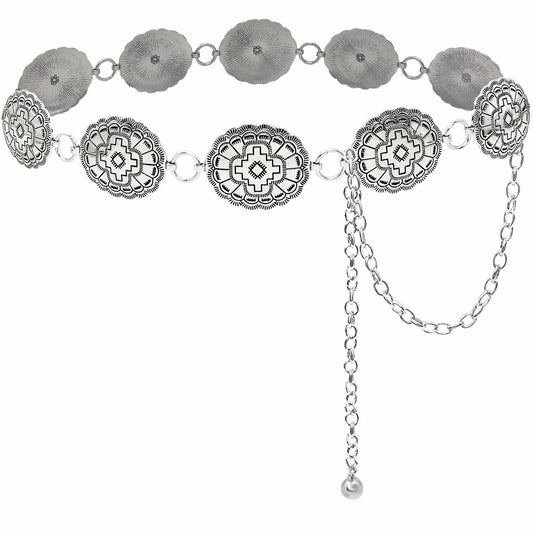 Xiokyo Women Chain Belt Boho Western Metal Silver-Cross Floral Size 27+31in
