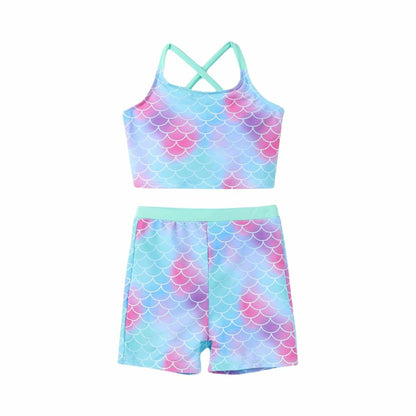 PATPAT Girls 2-Piece Tankini Swimsuit Set Light Green Fish Mermaid Size 6-7