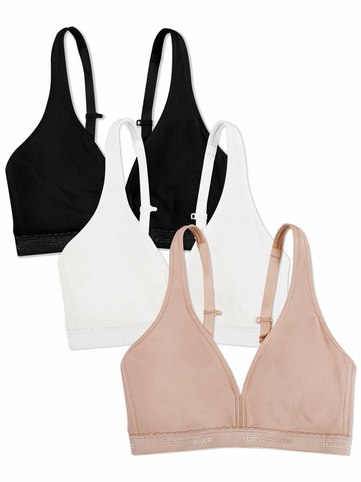 Fruit of the Loom Womens Wirefree Cotton Bralette Black/White/Sand Size 3XL