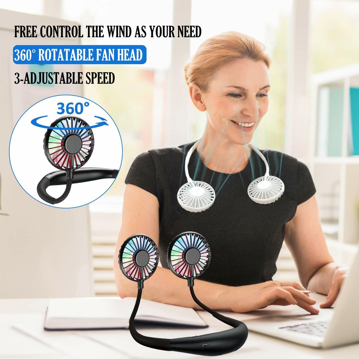 YALTOON Neck Fan 2600mAh USB Portable Black 7 Blades 3 Speeds Over 12H