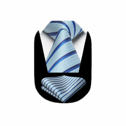 [Like New] HISDERN Men's Silk Striped Necktie & Handkerchief Set Light Green Size 8.5cm