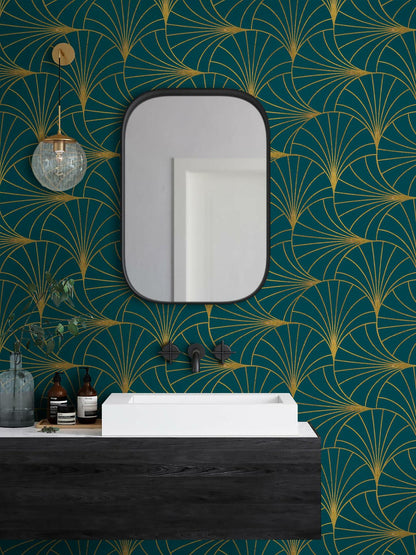 Safiyya Peel & Stick Wallpaper 393x17.3in Gold White Geometric Stripe Vinyl