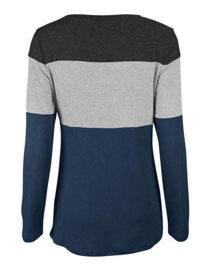 Minthunter Women's Long Sleeve Color Block T-Shirt Round Neck Black-GR-Purple XL