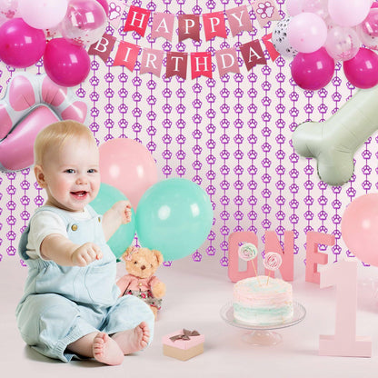 RANERVZ Pink Dog Paw Birthday Decorations Foil Curtain 3.3x6.6ft