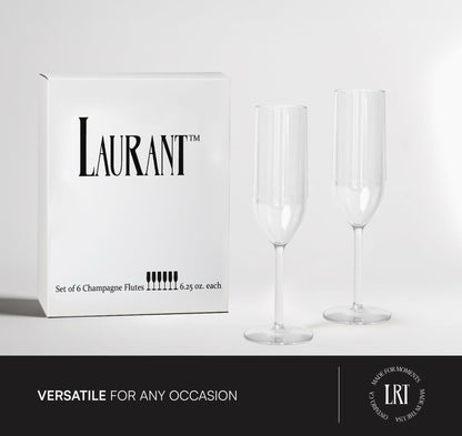 LAURANT Crystal Clear Plastic Champagne Flutes 6.25oz Set of 6 BPA Free USA