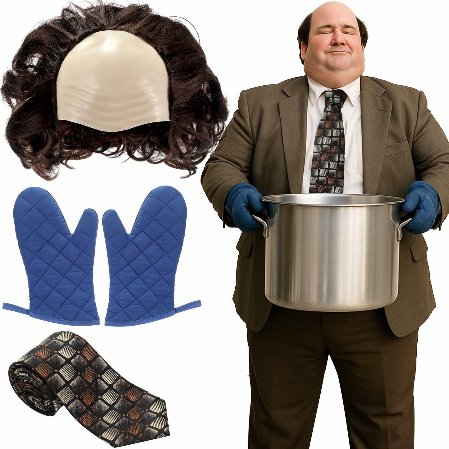 Yearntown Halloween Bald Man Costume Set Brown Wig Bald Cap Gloves One Size
