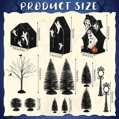VioraWhite 15 Pcs Lighted Ceramic Halloween Village Accessories Set Black