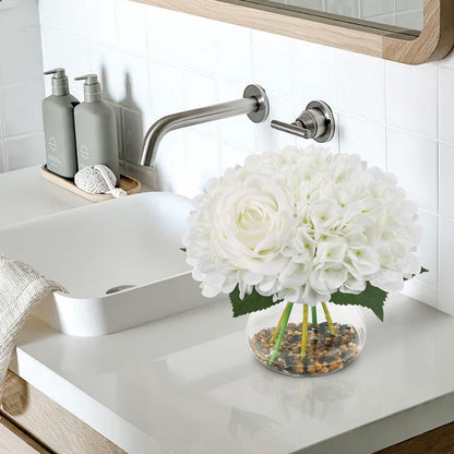 N&T NIETING Artificial White Hydrangea Flowers with Vase & Real Stone Decor