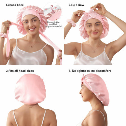 LitBear Mulberry Silk Bonnet 6A 22 Momme Large Double-Layer Pink Tie Band