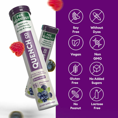 Quench Pre Workout Effervescent Tablets Vegan Keto 60 Count Mixed Berry