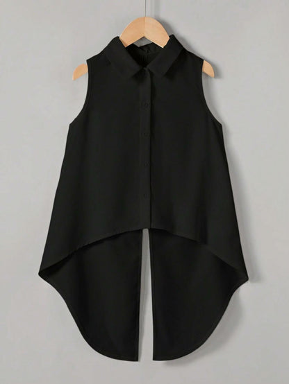Verdusa Girl's Button Front Bow Back Sleeveless Blouse Black Size 9 Years