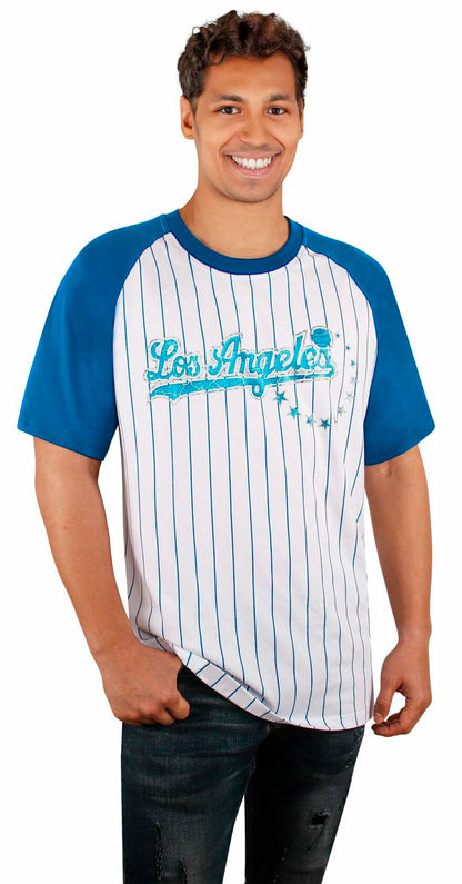 Fansamer Mens City Vintage Pinstripe Crew Neck Tee Shirt Blue White Size XL